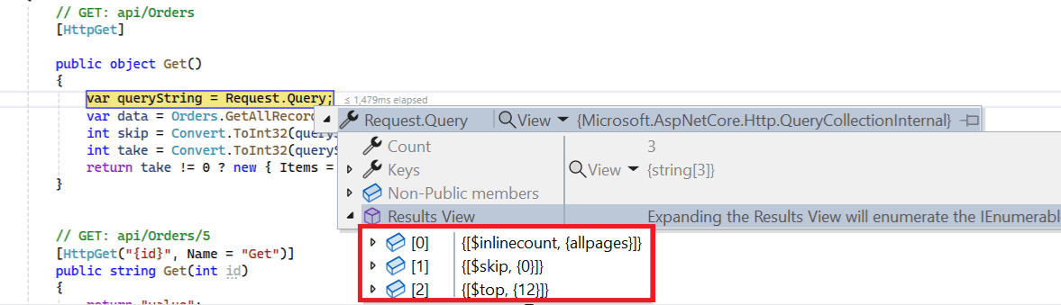 Paging query format in WebApiAdaptor showing skip and top parameters