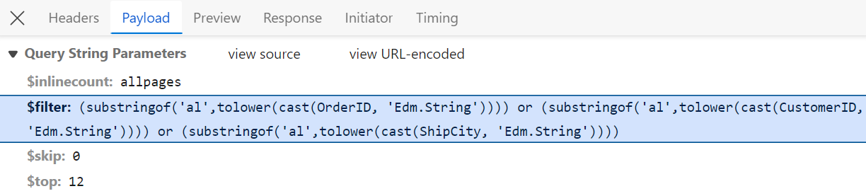 Search query format in WebApiAdaptor showing OData structure