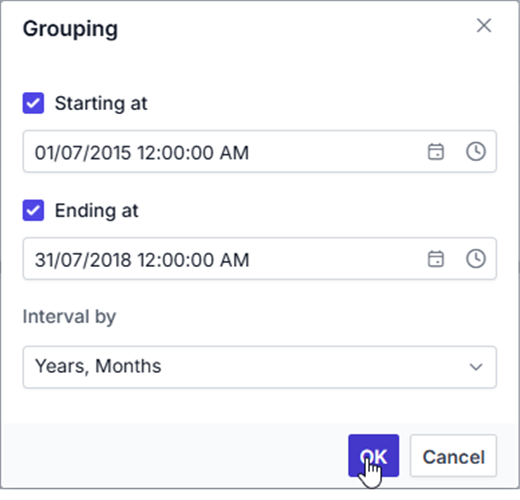 Grouping settings options applied for date grouping