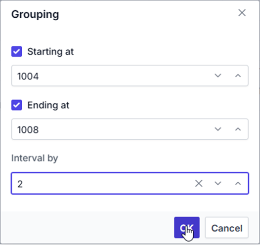 Grouping settings options applied for number grouping