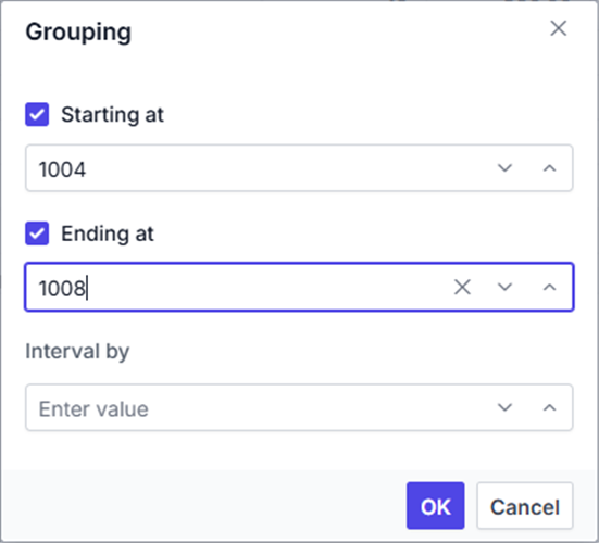 Range options applied for number grouping
