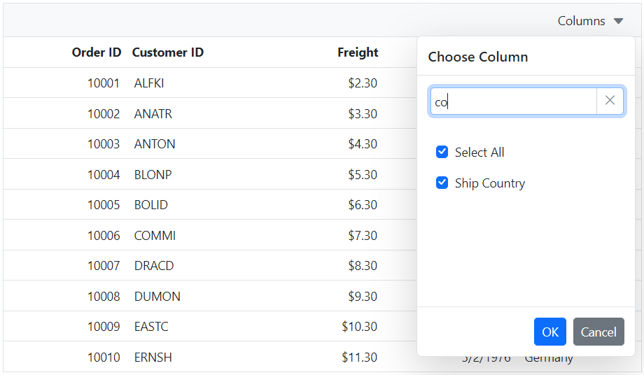 Change default search operator of the column chooser 