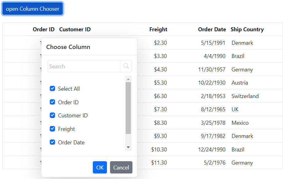 Open column chooser by externally