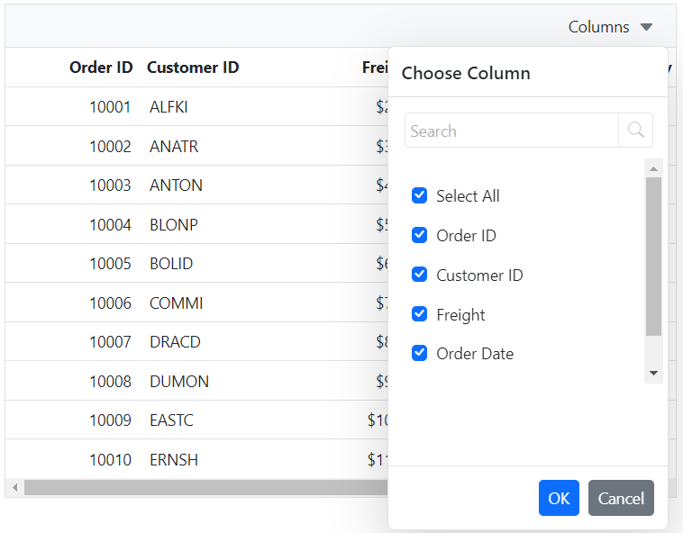 Customize column chooser dialog size