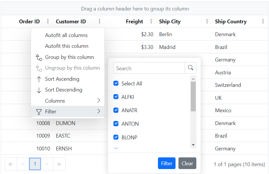 Column menu