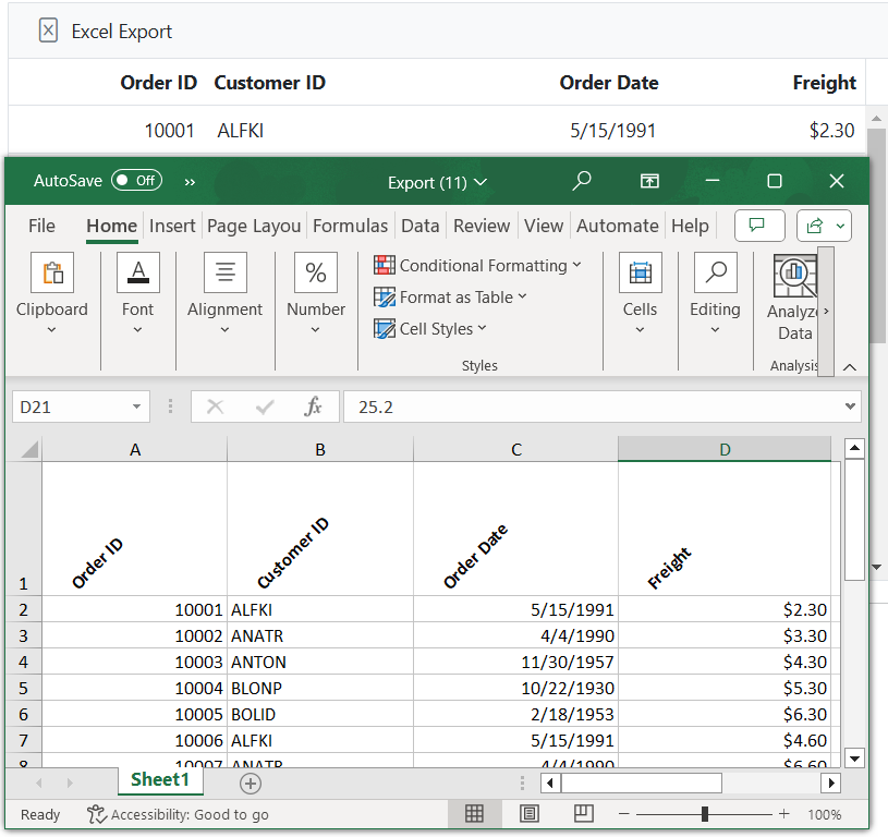 Rotate a header text in the exported grid
