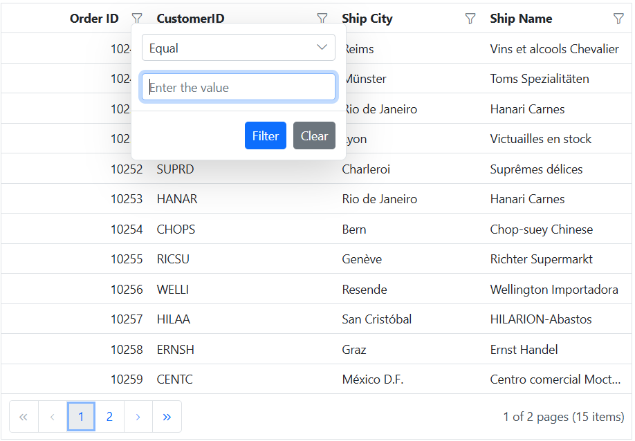 Filter menu