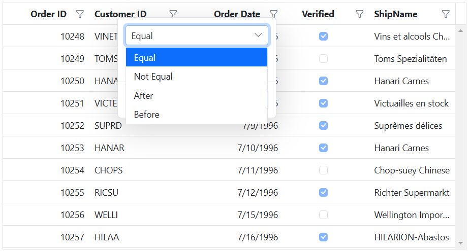 Filter menu
