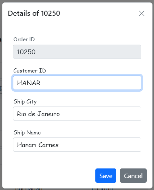 Child ASP.NET MVC Grid edited row input element in dialog.
