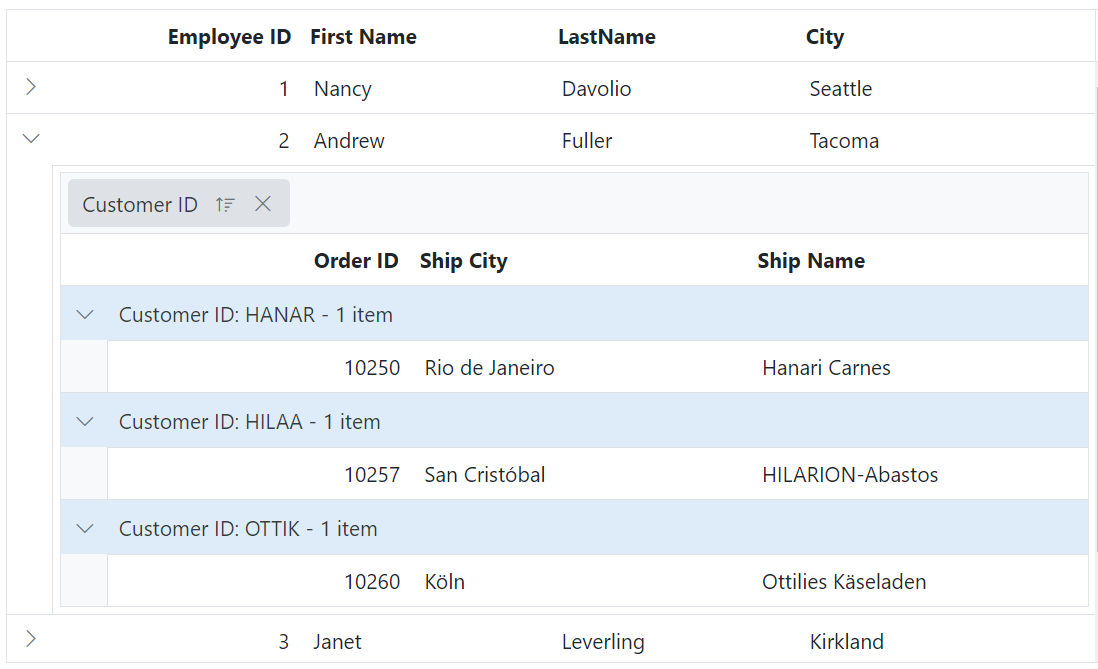 Child Grid group caption row in ASP.NET MVC.