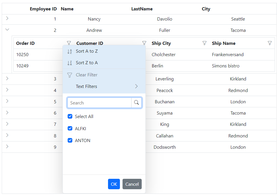 ASP.NET MVC Grid excel filter dialog number filters element.