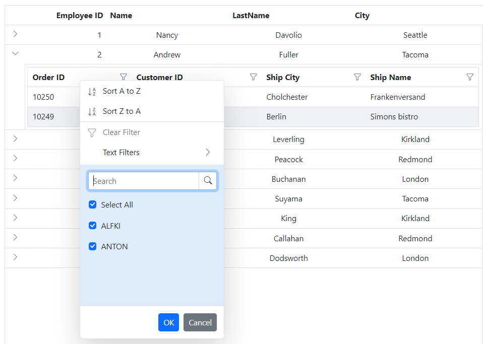ASP.NET MVC Grid filter dialog content.