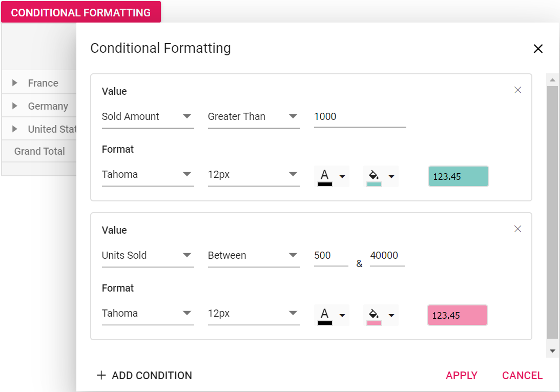 Conditional formatting dialog