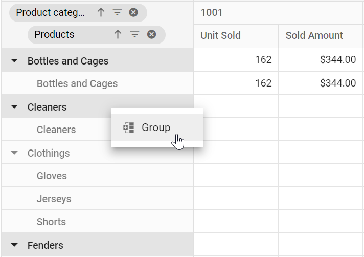 Context-menu options for nested custom grouping
