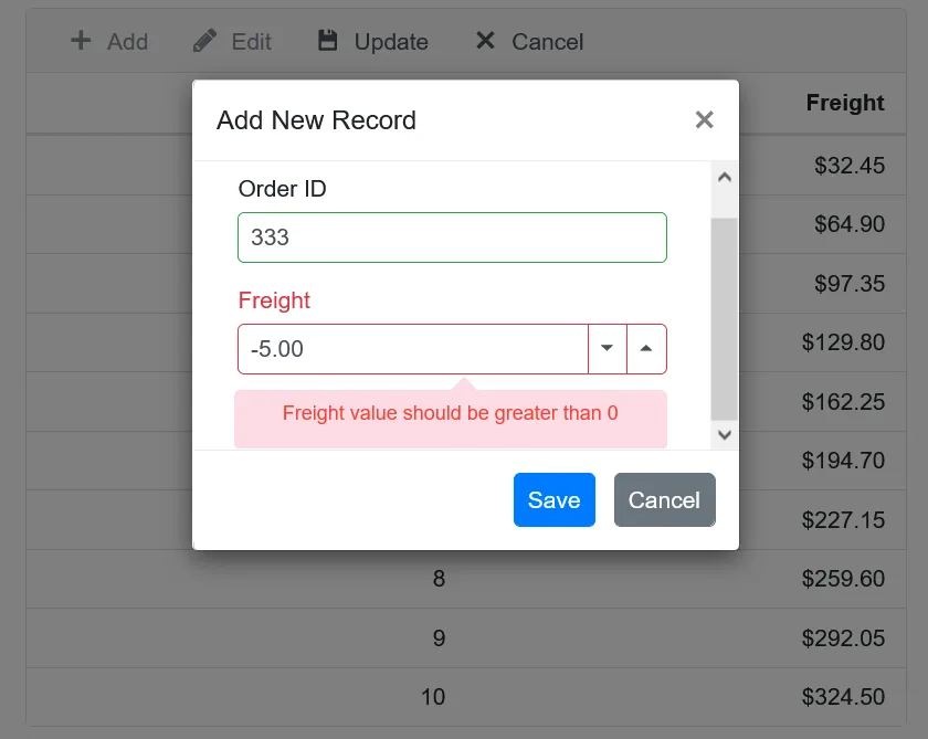 Blazor DataGrid with Custom Validator in Editing.