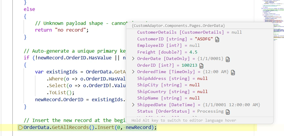 Insert Operation - a new row being added through the editing popup