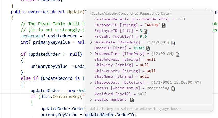 Update Operation - an existing row being edited through the editing popup