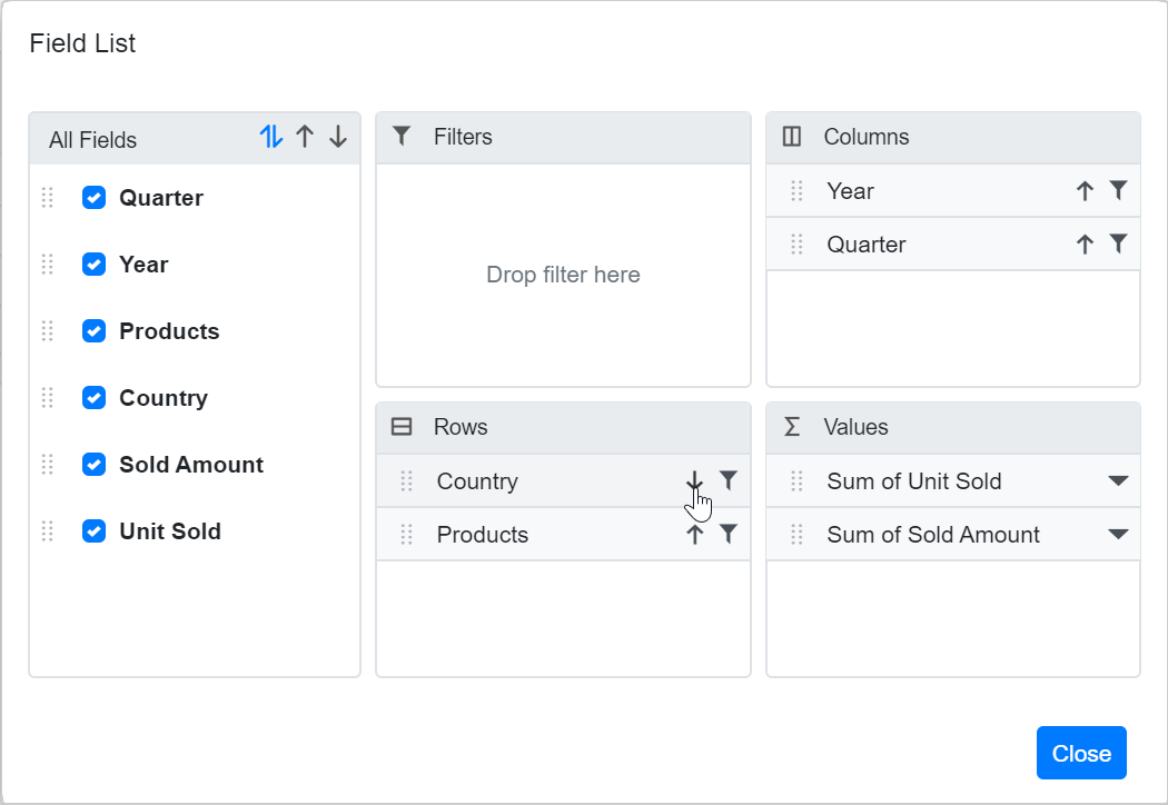 Member sorting icon in field list