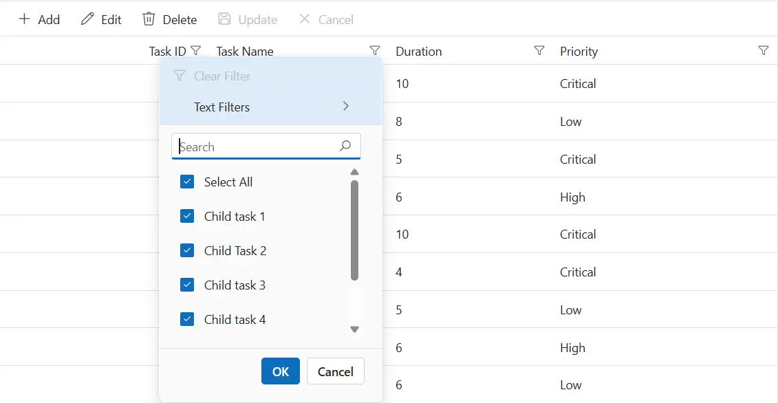 Excel-style filter menu
