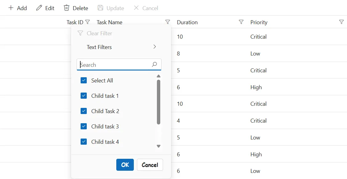 Filter dialog buttons