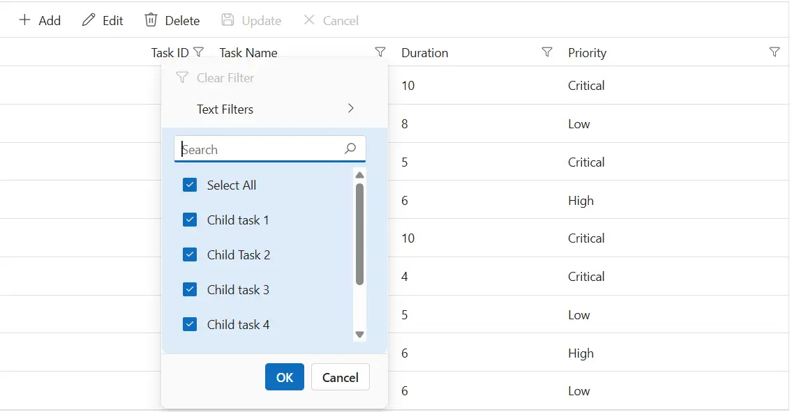 Filter dialog content