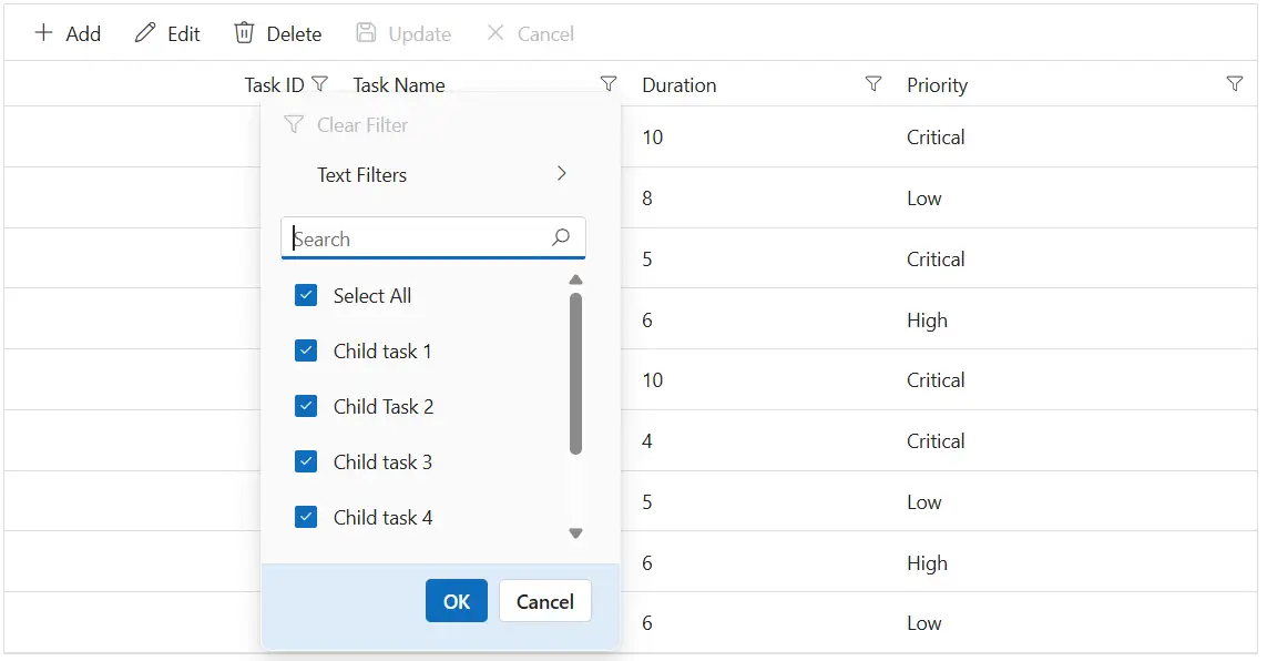 Filter dialog footer