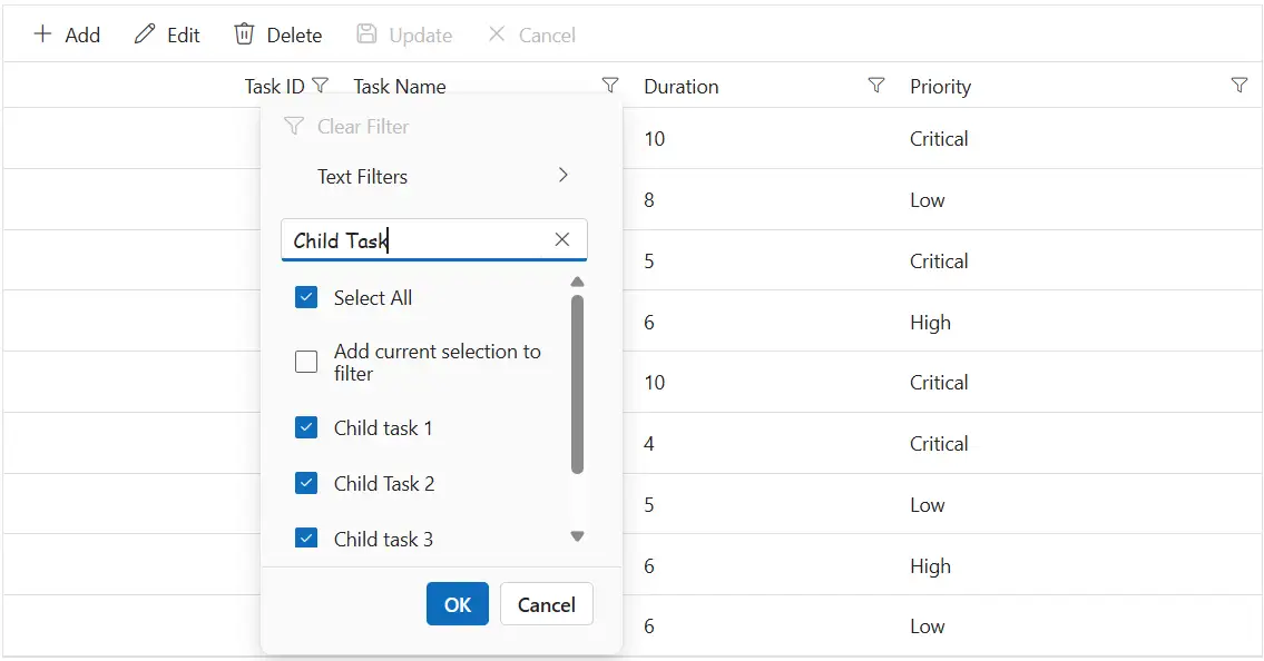 Filter dialog input
