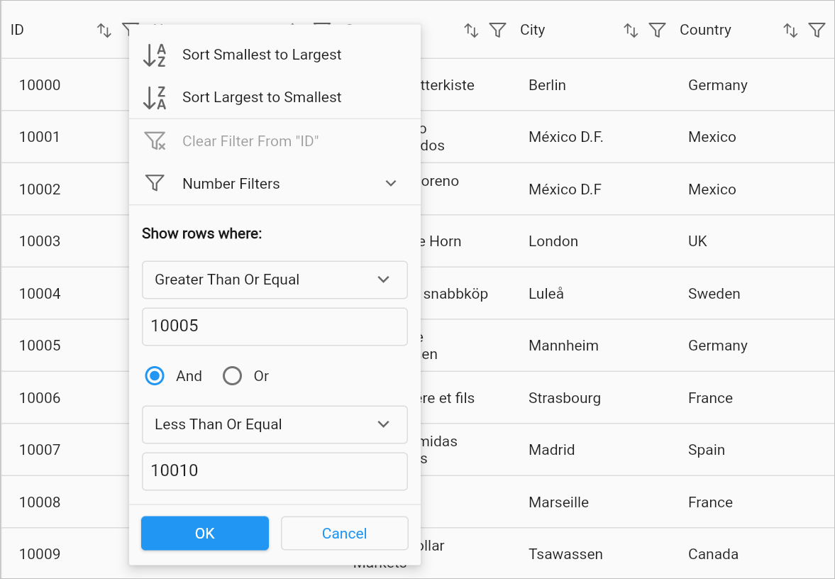 Flutter datagrid shows a advanced filter popup view