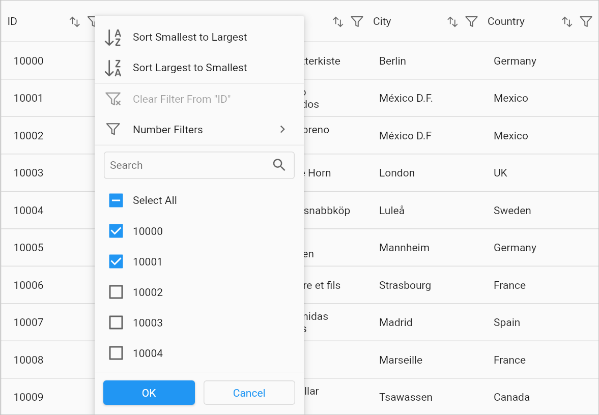 Flutter datagrid shows a checkbox filter popup view