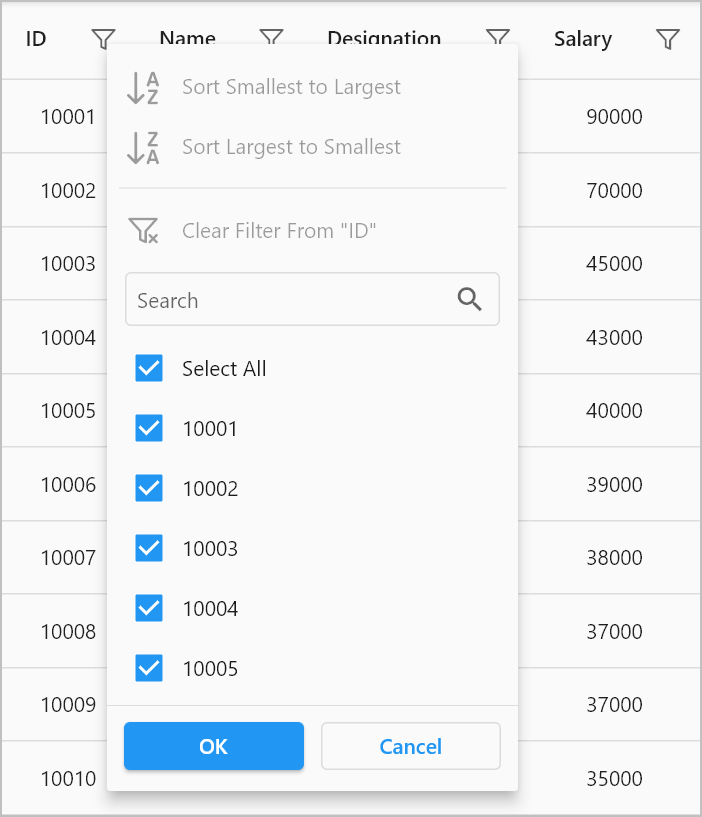 flutter datagrid filter popup menu with filter mode