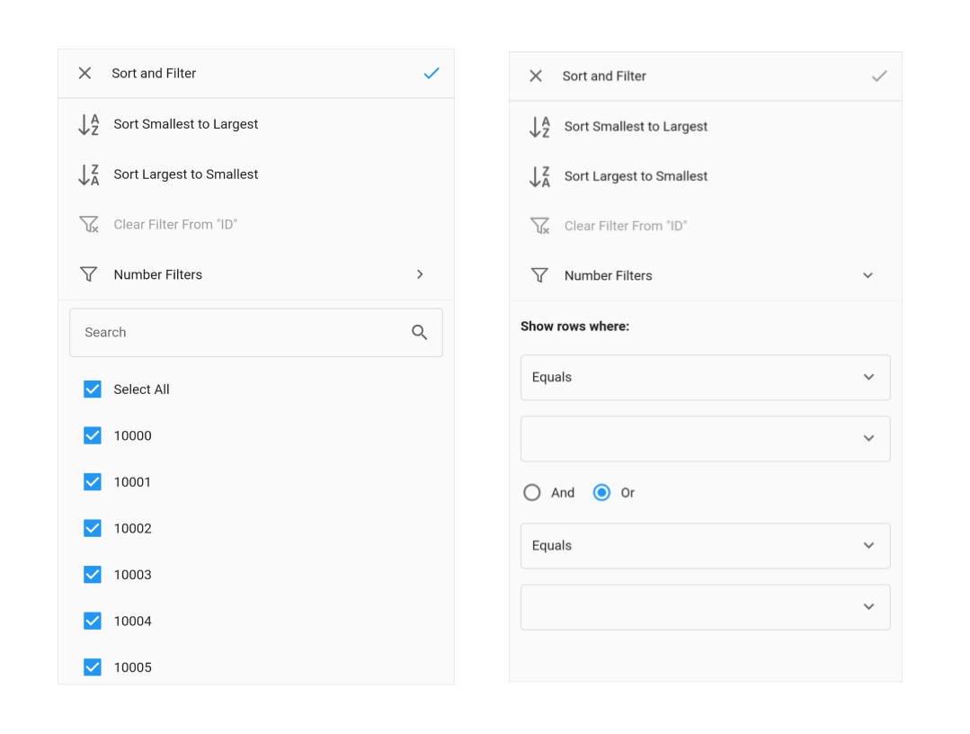 Flutter datagrid shows checkbox and advanced filter menu on mobile platform