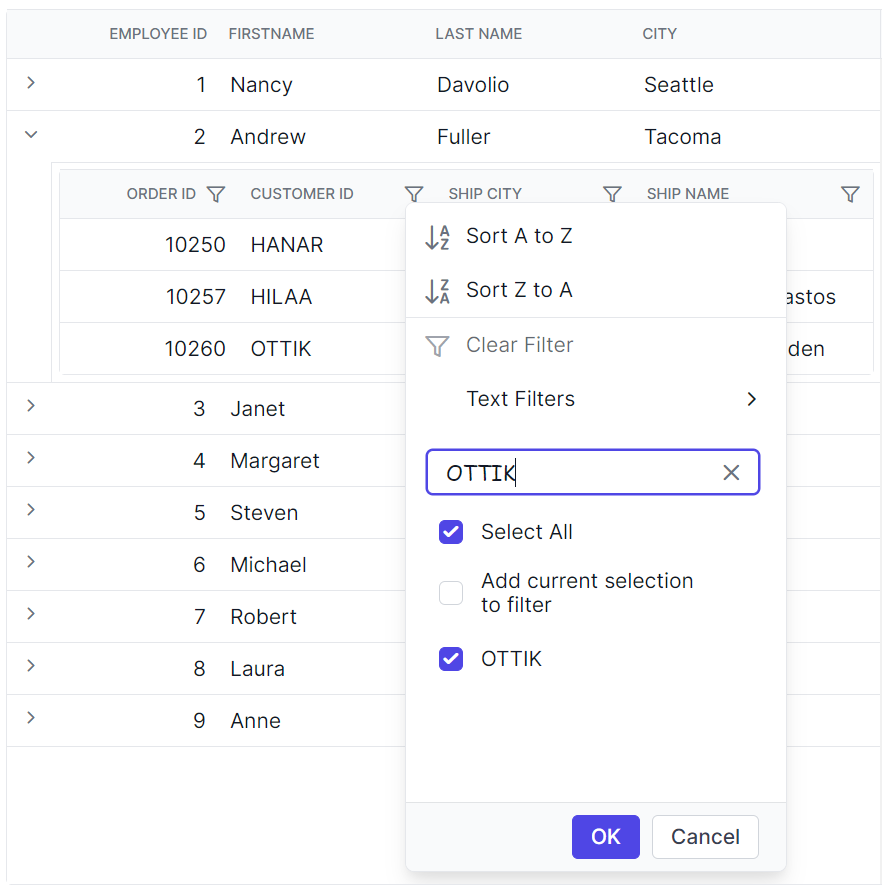 Child grid filter dialog input element
