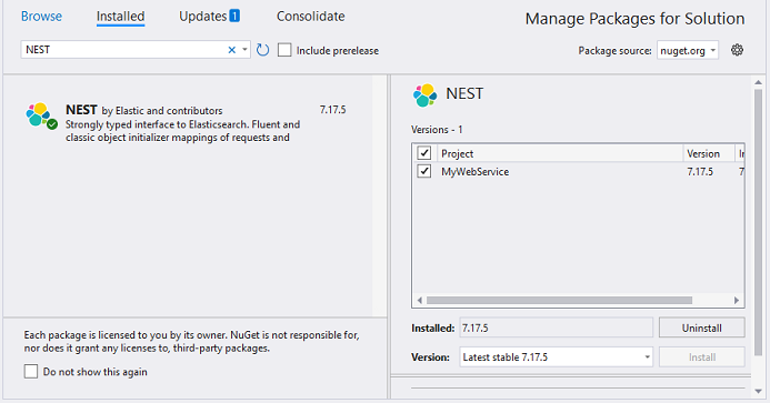 Add the NuGet package NEST to the project