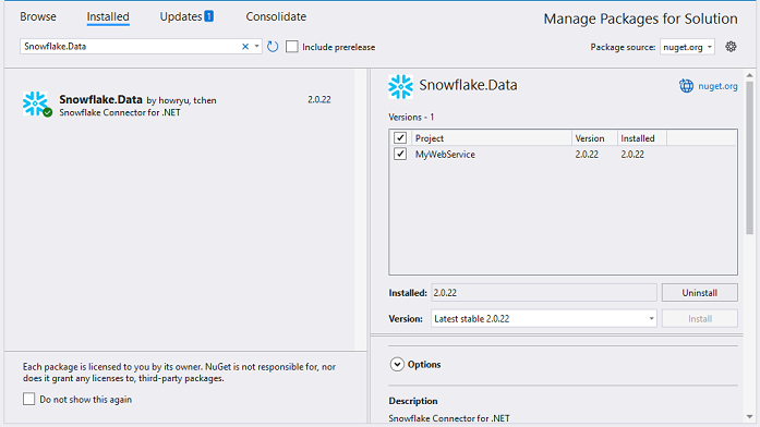 Installing the Snowflake.Data NuGet package