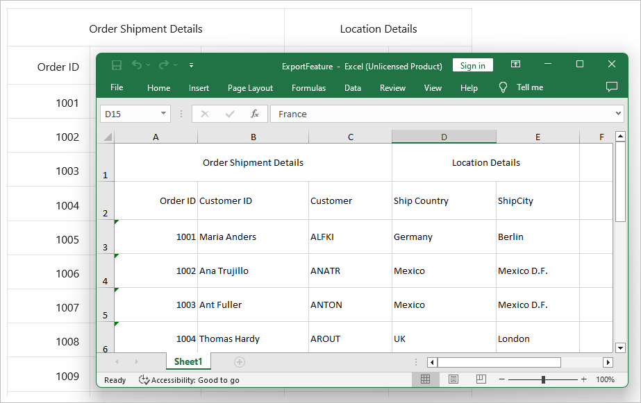 Export DataGrid to Excel format without header cells