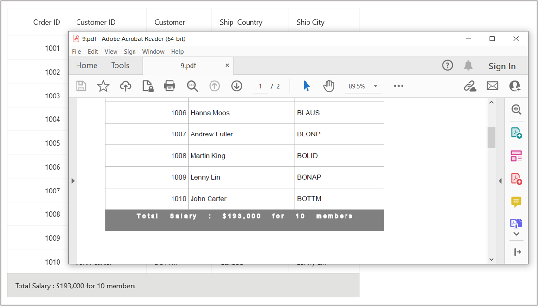 Export DataGrid to PDF format with style applied for table summary rows at the bottom