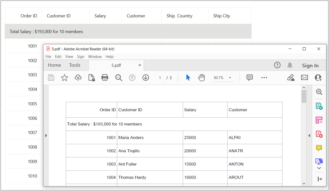 Export DataGrid to PDF format with table summary rows