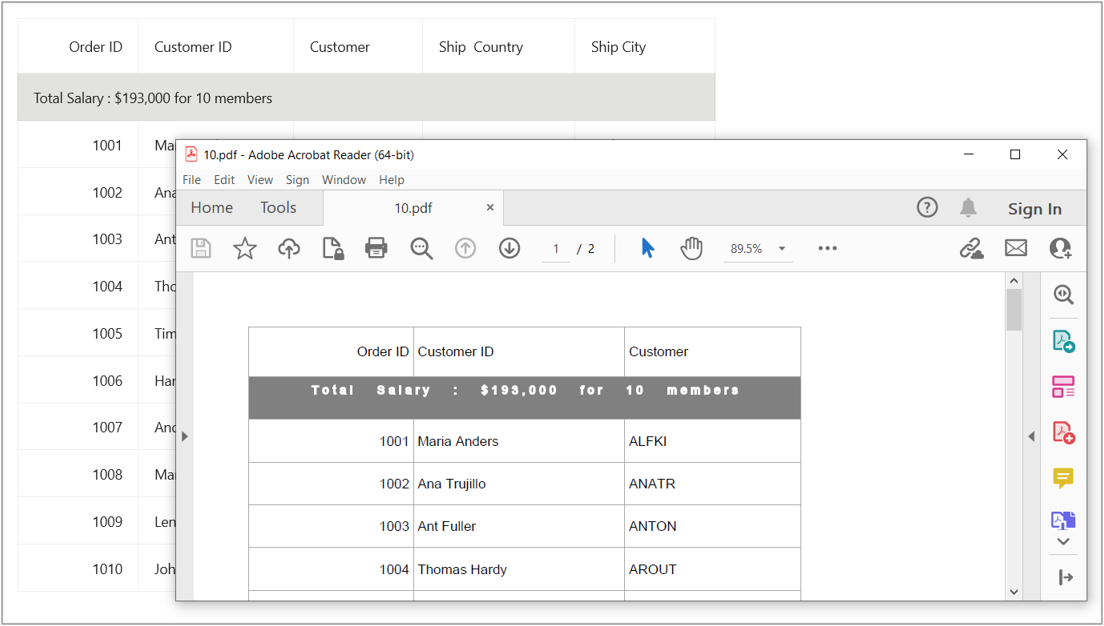 Export DataGrid to PDF format with style applied for table summary rows at the Top