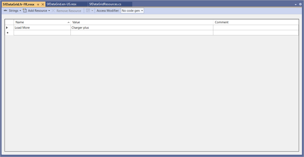Resource Designer showing Name/Value pairs for localized strings