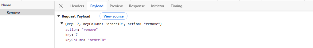 Delete request payload for a Pivot Table record