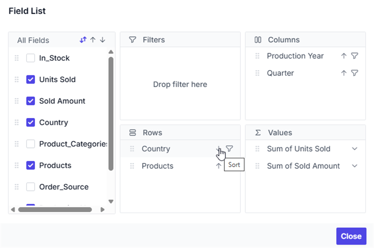 Member sorting icon in field list