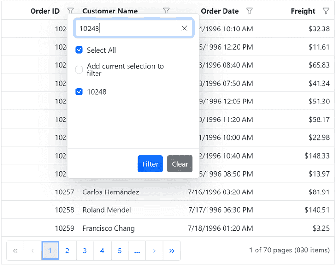 Checkbox filter