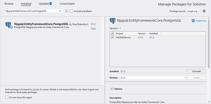 Installing the Npgsql.EntityFrameworkCore.PostgreSQL NuGet package