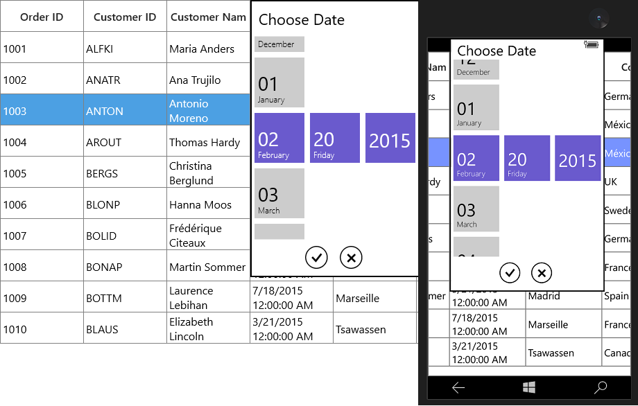 Displaying GridDateTimeColumn with SfDatePicker in UWP SfDataGrid