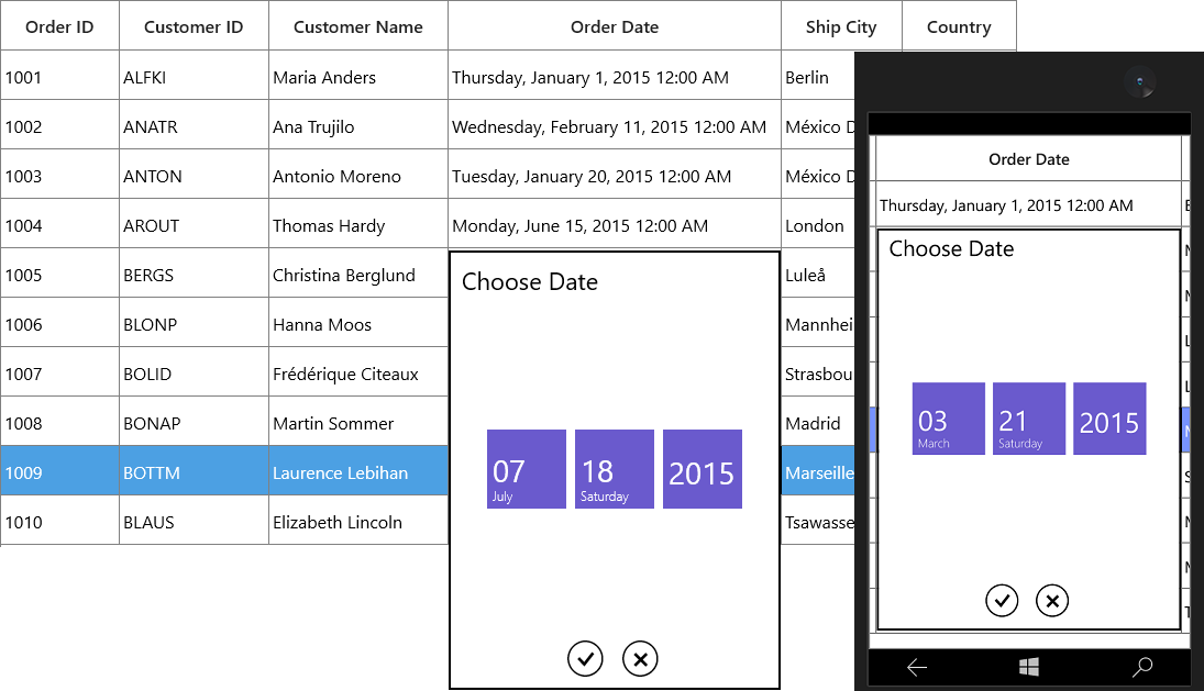 Displaying data formatting in GridDateTimeColumn with SfDatePicker in UWP SfDataGrid