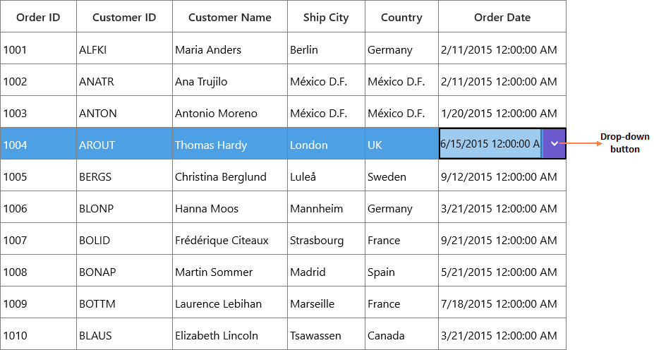 Displaying customization of drop-down button in GridDateTimeColumn in UWP SfDataGrid