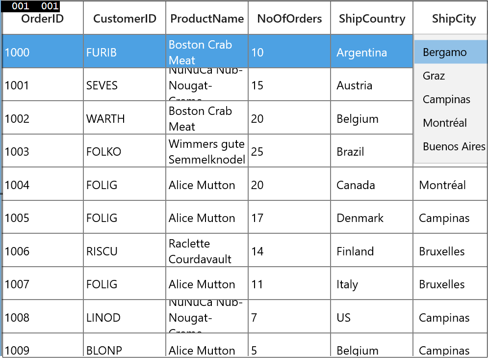 Displaying different itemssource for different rows using ItemsSourceSelector property of GridComboBoxColumn in UWP SfDataGrid