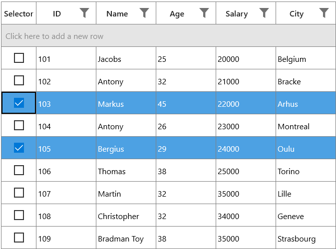 uwp datagrid selector column with text in column header