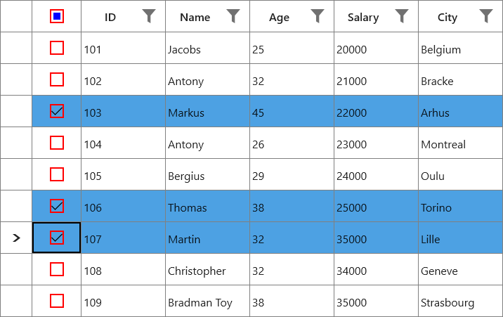 uwp datagrid selector column with styled checkbox in both record cells and header