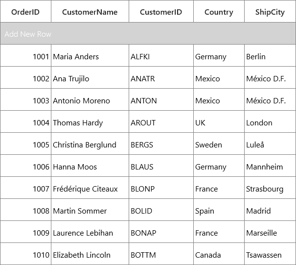 UWP DataGrid - Image shows the customization of AddNewRow text